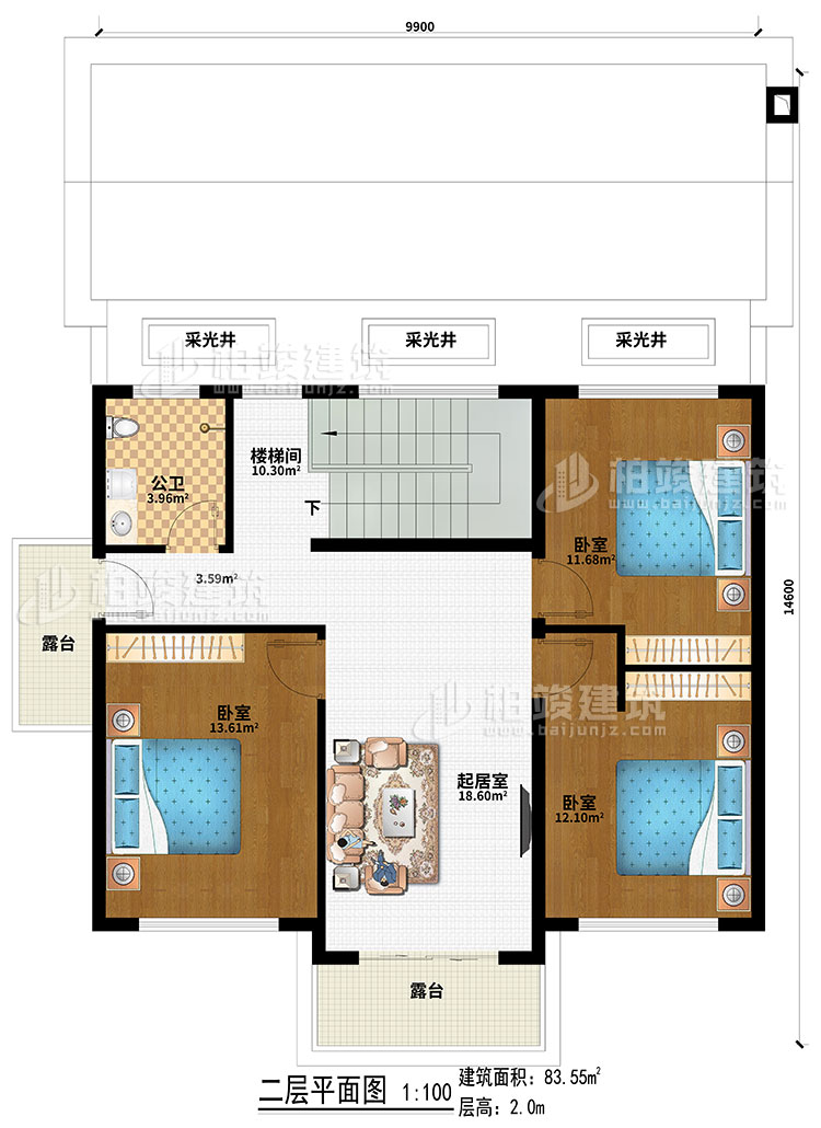 二層：3采光井、樓梯間、起居室、3臥室、2露臺