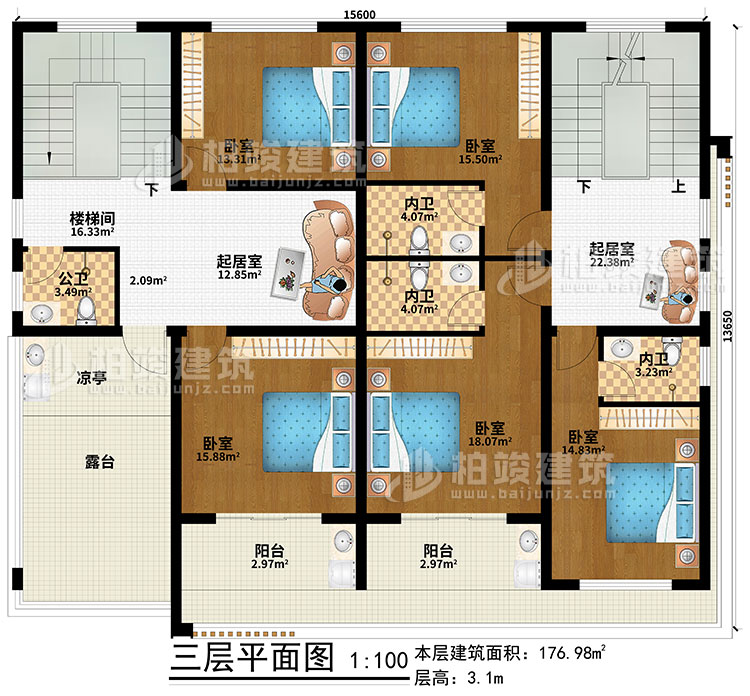 三層：2起居室、樓梯間、5臥室、公衛(wèi)、3內(nèi)衛(wèi)、2陽臺、涼亭、露臺