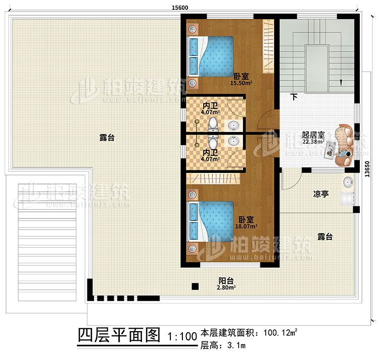 四層：起居室、2臥室、2內(nèi)衛(wèi)、涼亭、陽臺、2露臺
