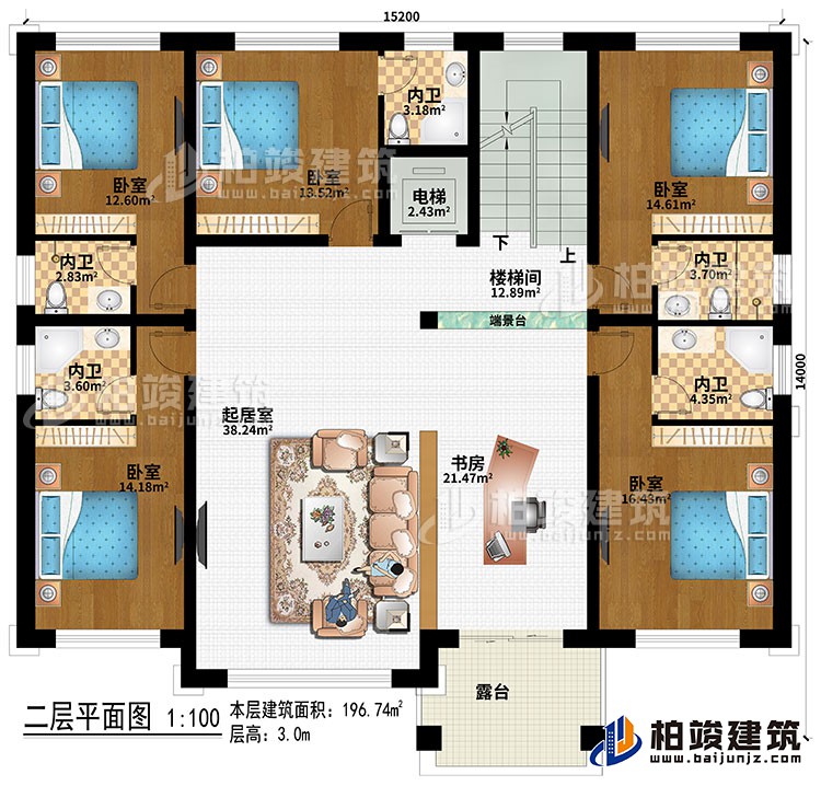二層：樓梯間、端景臺、起居室、書房、5臥室、電梯、5內(nèi)衛(wèi)、露臺