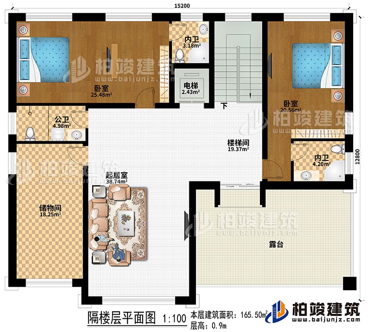 閣樓：2臥室、電梯、樓梯間、起居室、儲物間、公衛(wèi)、2內(nèi)衛(wèi)、露臺
