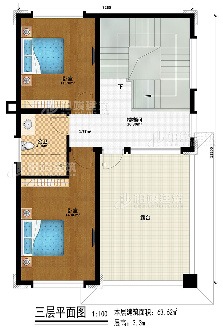 三層：2臥室、樓梯間、公衛(wèi)、露臺(tái)