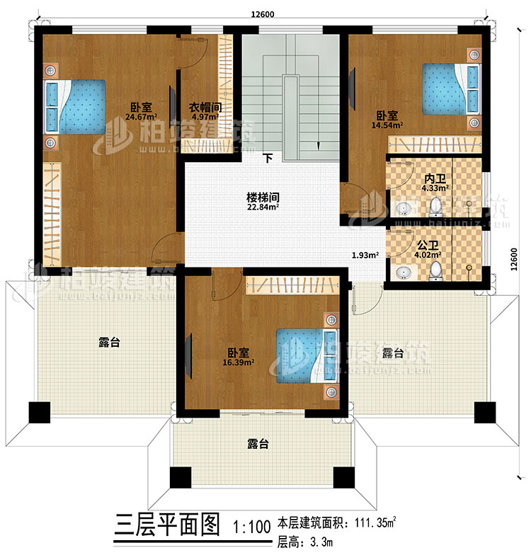 三層：樓梯間、3臥室、公衛(wèi)、內(nèi)衛(wèi)、3露臺(tái)、衣帽間