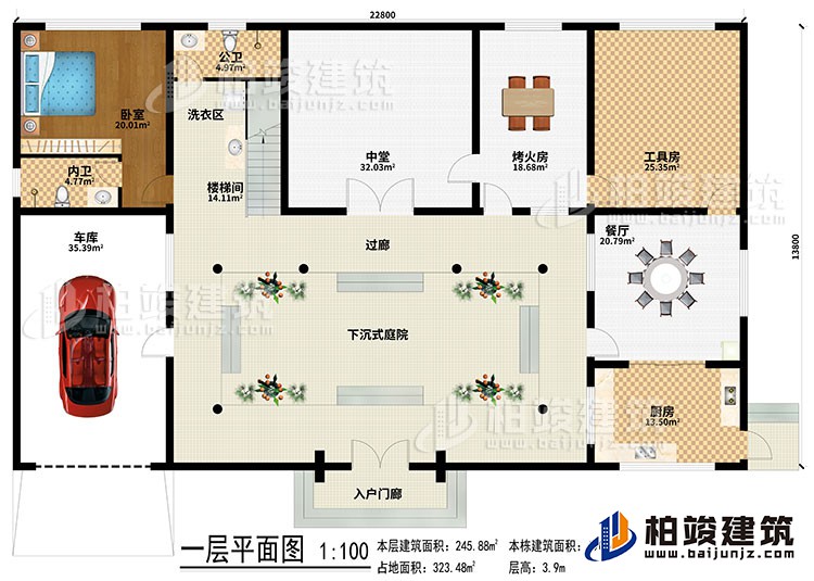 一層：入戶門廊、下沉式庭院、樓梯間、洗衣區(qū)、中堂、烤火房、工具房、餐廳、廚房、車庫、臥室、內(nèi)衛(wèi)、過廊