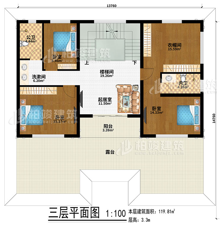 三層：樓梯間、起居室、3臥室、衣帽間、洗漱間、公衛(wèi)、內(nèi)衛(wèi)、陽臺、露臺