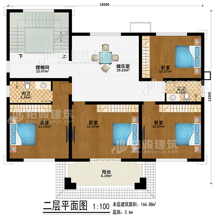 二層：樓梯間、娛樂室、4臥室、公衛(wèi)、內(nèi)衛(wèi)、陽臺
