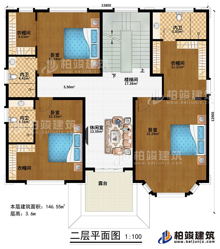 二層：樓梯間、休閑室、3臥室、3衣帽間、3內(nèi)衛(wèi)、露臺(tái)