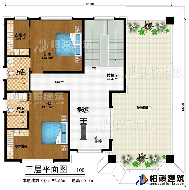 三層：健身房、樓梯間、2臥室、2衣帽間、2內(nèi)衛(wèi)、花園露臺(tái)