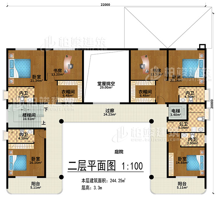 二層：堂屋挑空、過廊、樓梯間、電梯、4臥室、2衣帽間、2書房、4內(nèi)衛(wèi)、公衛(wèi)、2陽臺