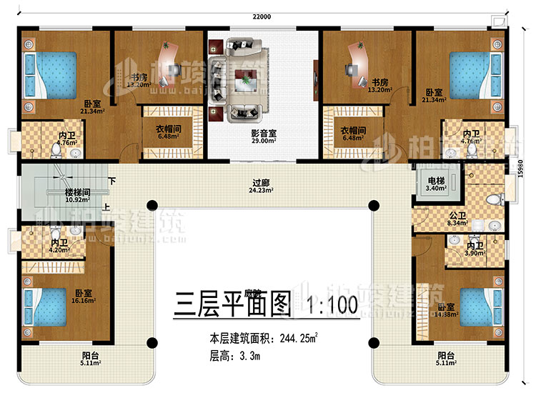 三層：影音室、過廊、樓梯間、電梯、4臥室、2衣帽間、2書房、4內(nèi)衛(wèi)、公衛(wèi)、2陽臺