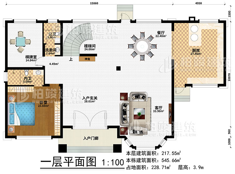 一層：樓梯間、3臥室、衣帽間、公衛(wèi)、內(nèi)衛(wèi)、陽光房、涼亭、2露臺
