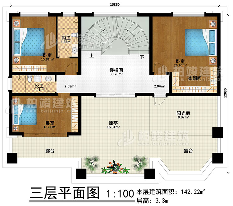 三層：樓梯間、3臥室、衣帽間、公衛(wèi)、內(nèi)衛(wèi)、陽光房、涼亭、2露臺