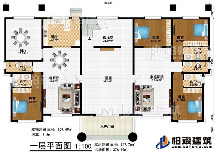 一層：入戶門廊、堂屋、客餐廳、餐廳、廚房、樓梯間、4臥室、2公衛(wèi)、3內(nèi)衛(wèi)、家庭影院