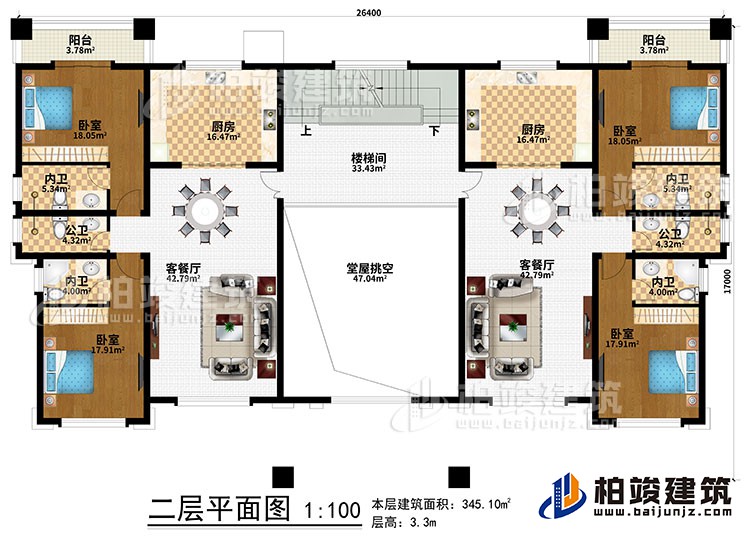 二層：堂屋挑空、樓梯間、2廚房、2客餐廳、4臥室、2公衛(wèi)、4內(nèi)衛(wèi)、2陽臺
