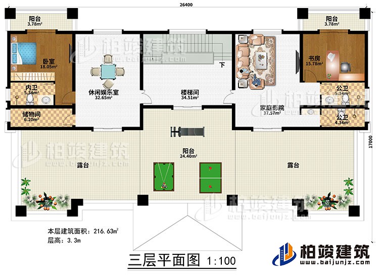 三層：樓梯間、休閑娛樂室、家庭影院、臥室、書房、2公衛(wèi)、內(nèi)衛(wèi)、儲物間、3陽臺、2露臺