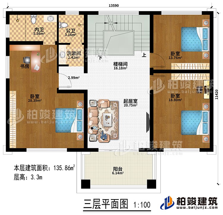三層：樓梯間、起居室、洗漱間、3臥室、書房、公衛(wèi)、內(nèi)衛(wèi)、陽臺