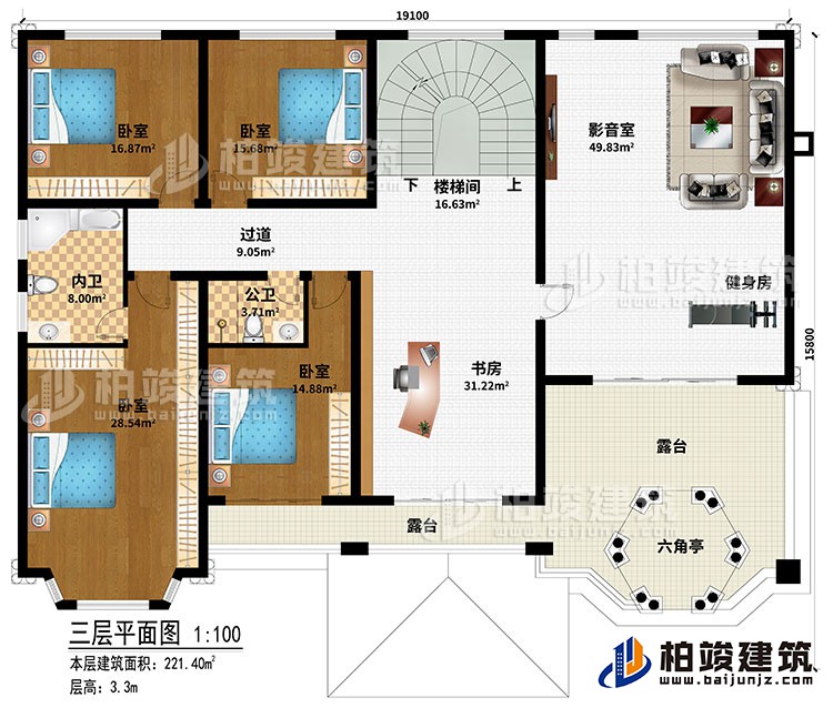 三層：樓梯間、書房、過道、4臥室、公衛(wèi)、內(nèi)衛(wèi)、影音室、健身房、2露臺、六角亭