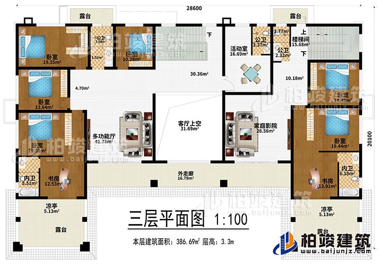 三層：多功能廳、客廳上空、家庭影院、6臥室、2書房、活動室、3公衛(wèi)、2內衛(wèi)、4露臺、2涼亭、外走廊、樓梯間
