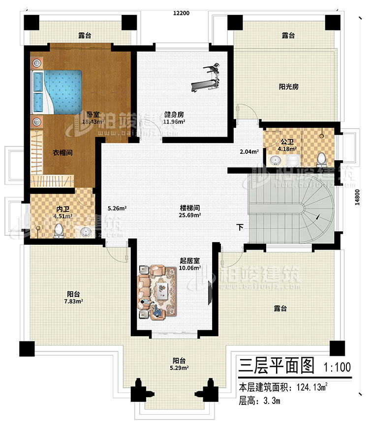 三層：起居室、樓梯間、健身房、陽(yáng)光房、臥室、衣帽間、內(nèi)衛(wèi)、公衛(wèi)、2陽(yáng)臺(tái)、3露臺(tái)