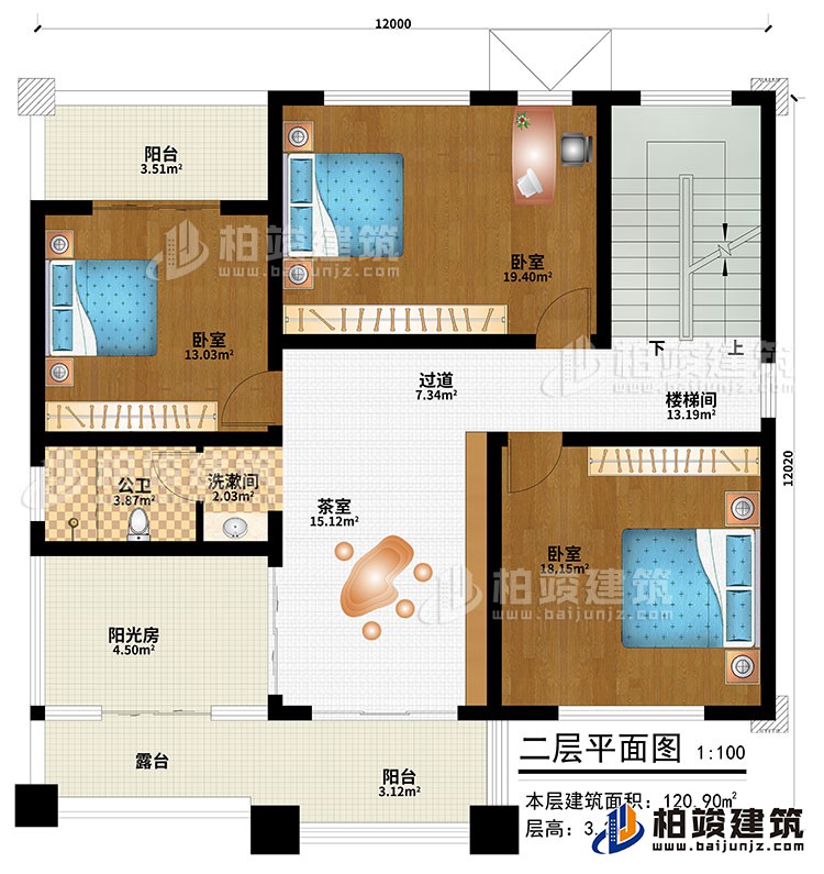 二層：茶室、過道、樓梯間、3臥室、公衛(wèi)、洗漱間、陽光房、陽臺、露臺