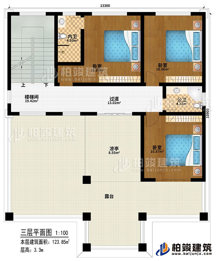 三層：樓梯間、過道、3臥室、公衛(wèi)、內(nèi)衛(wèi)、涼亭、露臺