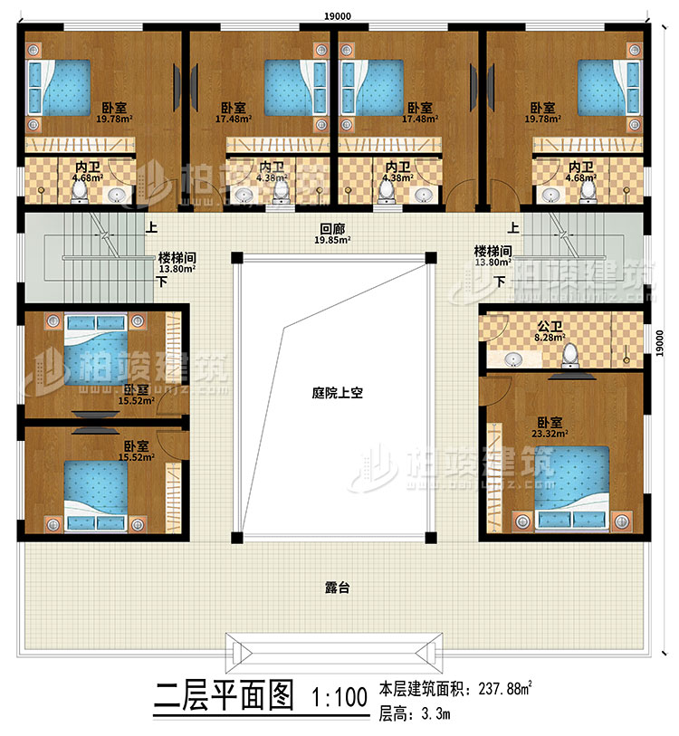 二層：回廊、露臺(tái)、庭院上空、2樓梯間、7臥室、4內(nèi)衛(wèi)、公衛(wèi)