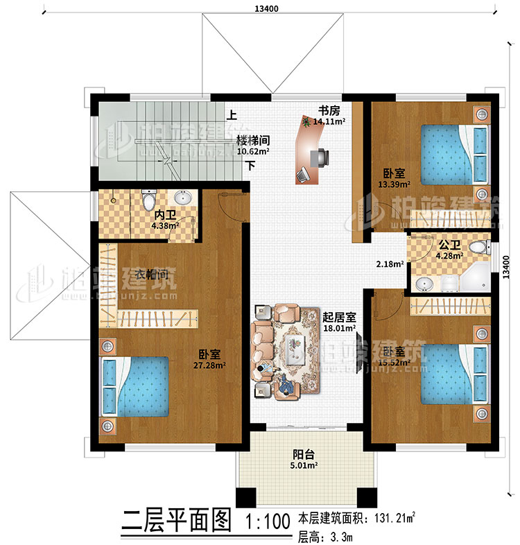 二層：室外觀景露臺(tái)、地下車庫(kù)入口、入戶門廊、玄關(guān)、客廳、神龕、茶室、樓梯間、2臥室、公衛(wèi)、內(nèi)衛(wèi)