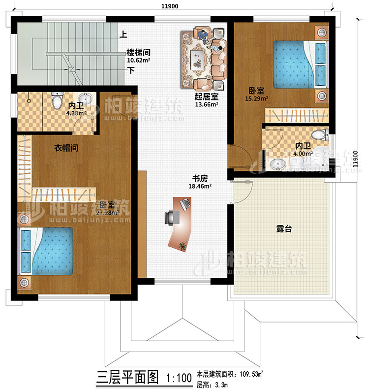 三層：2臥室、起居室、樓梯間、衣帽間、書房、2內(nèi)衛(wèi)、露臺(tái)