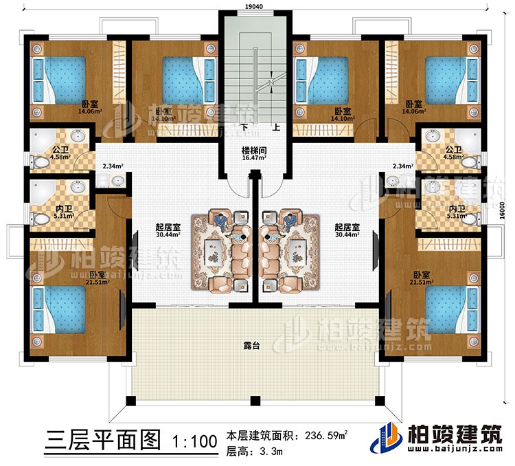 三層：2起居室、樓梯間、6臥室、2公衛(wèi)、2內(nèi)衛(wèi)、露臺