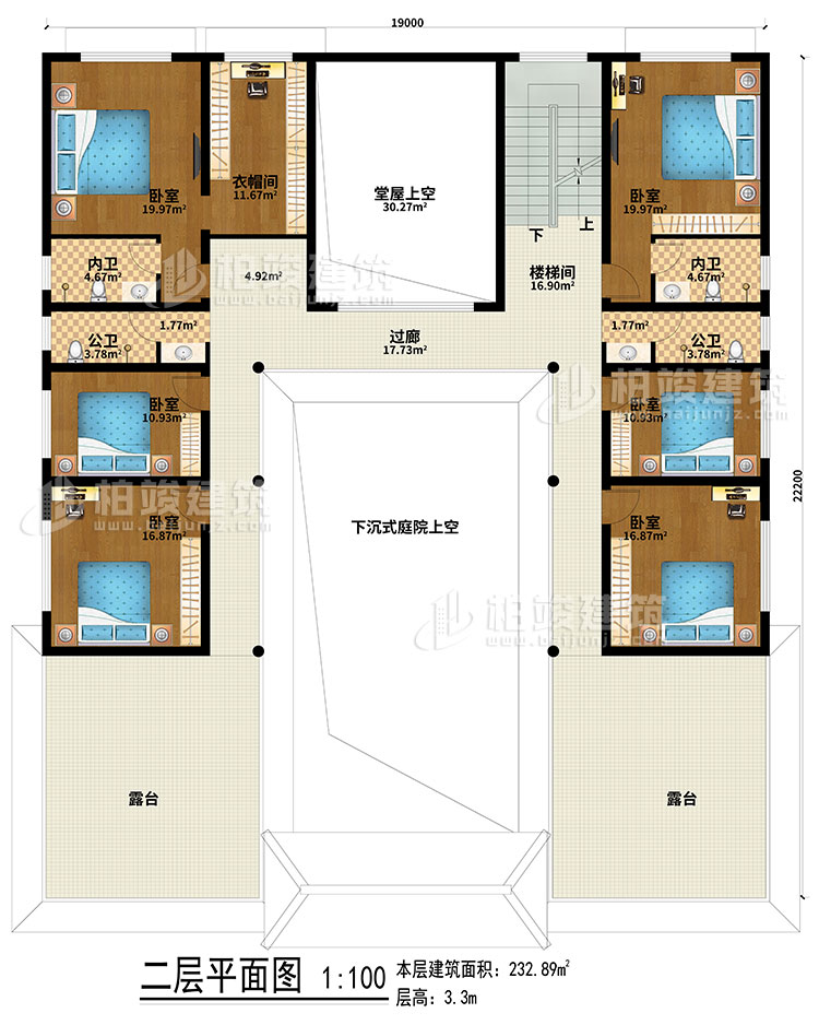 二層：下沉式庭院上空、堂屋上空、樓梯間、過(guò)廊、6臥室、衣帽間、2公衛(wèi)、2內(nèi)衛(wèi)、露臺(tái)
