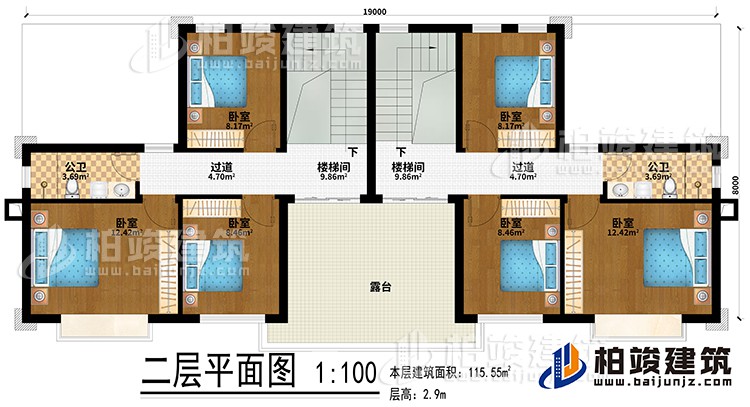 二層：2樓梯間、6臥室、2公衛(wèi)、2過道、露臺(tái)