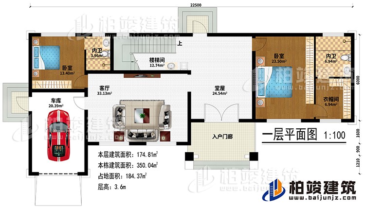 一層:入戶(hù)門(mén)廊、堂屋、客廳、車(chē)庫(kù)、樓梯間、2臥室、衣帽間、2內(nèi)衛(wèi)