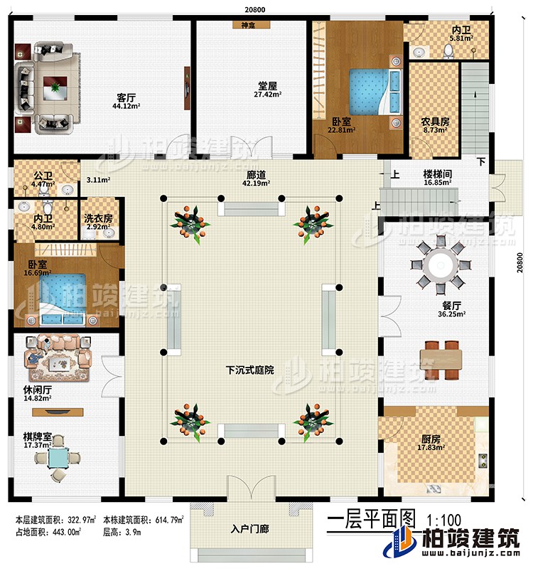 一層：入戶門廊、下沉式庭院、廊道、堂屋、神龕、客廳、餐廳、廚房、休閑廳、棋牌室、農(nóng)具房、樓梯間、2臥室、2內(nèi)衛(wèi)、公衛(wèi)、洗衣房