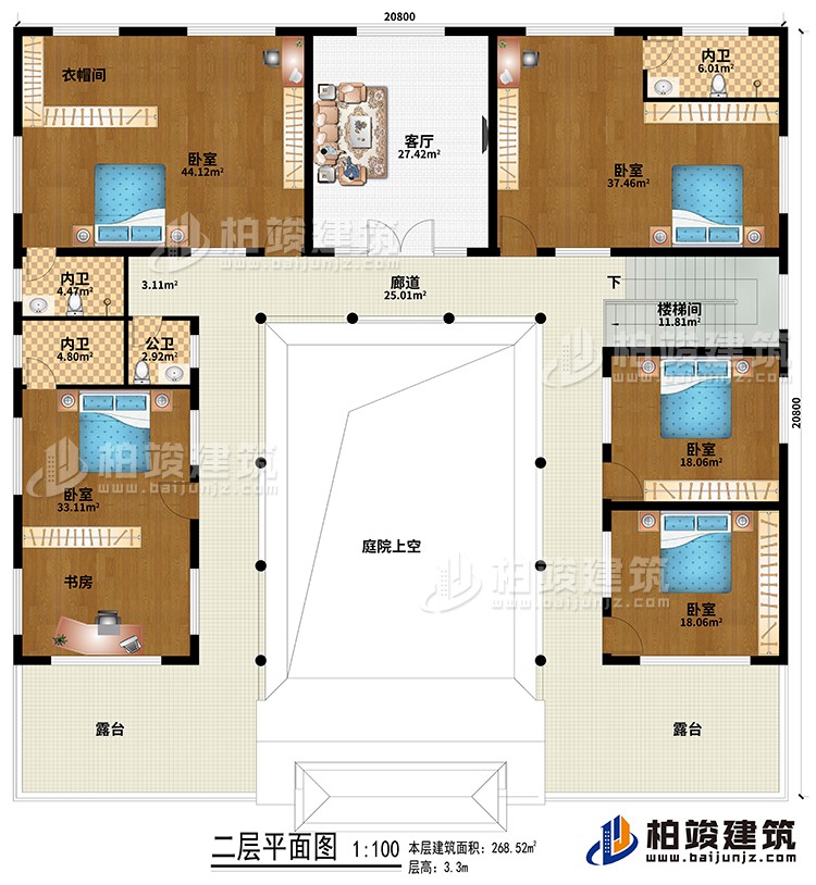 二層：樓梯間、廊道、庭院上空、客廳、5臥室、衣帽間、書房、3內(nèi)衛(wèi)、公衛(wèi)、2露臺