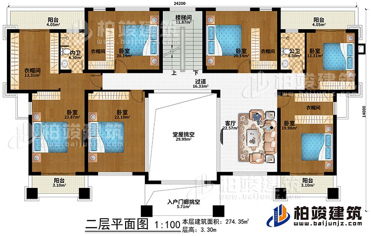 二層：堂屋挑空、入戶門廊挑空、客廳、過道、樓梯間、6臥室、4衣帽間、公衛(wèi)、內(nèi)衛(wèi)、4陽臺