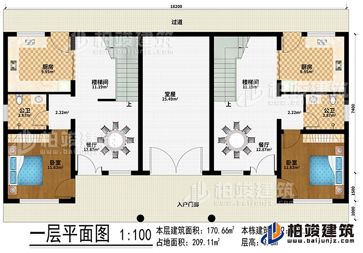 一層：入戶門廊、過道、堂屋、2廚房、2樓梯間、2餐廳、2臥室、2公衛(wèi)
