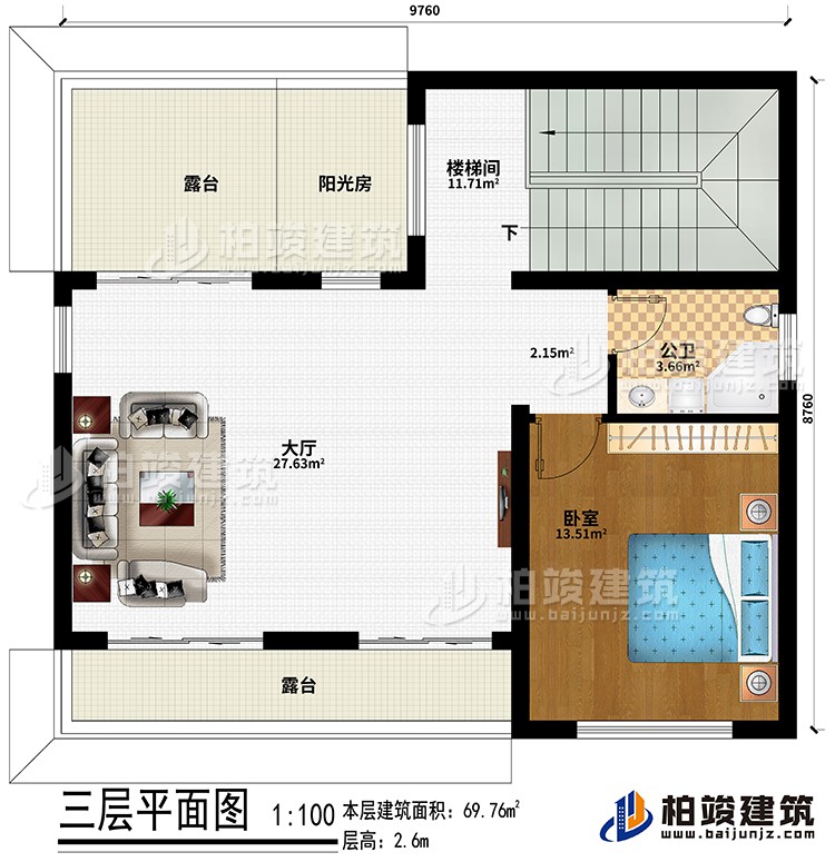 三層：樓梯間、大廳、臥室、公衛(wèi)、陽光房、2露臺