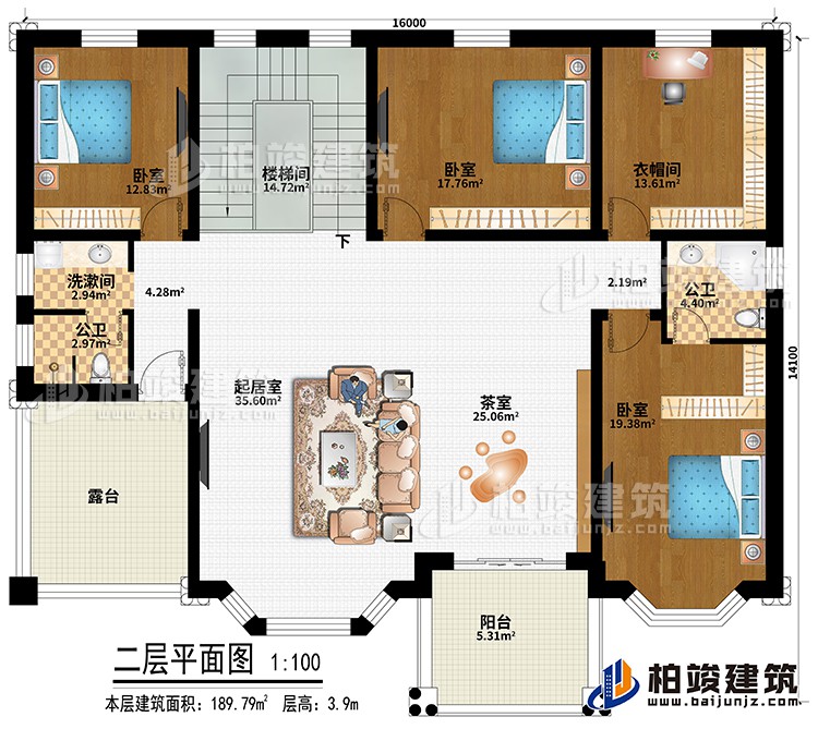 二層：樓梯間、起居室、茶室、3臥室、衣帽間、洗漱間、公衛(wèi)、內(nèi)衛(wèi)、陽臺、露臺