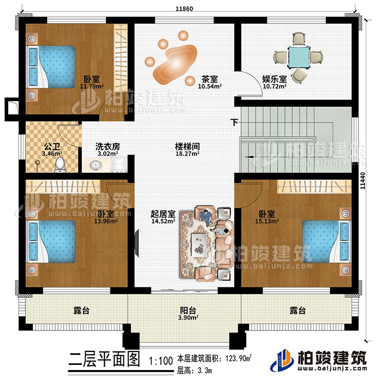 二層：樓梯間、起居室、茶室、3臥室、娛樂室、洗衣房、公衛(wèi)、陽臺、2露臺