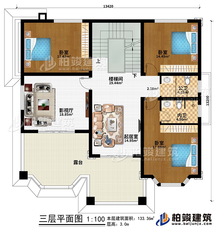 三層：樓梯間、起居室、影視廳、3臥室、公衛(wèi)、內(nèi)衛(wèi)、露臺