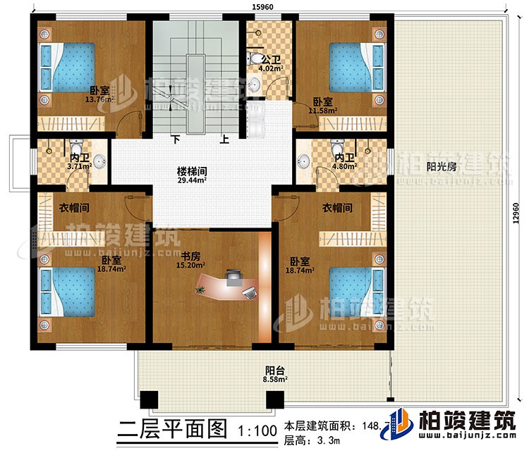 二層：樓梯間、4臥室、書(shū)房、2衣帽間、公衛(wèi)、2內(nèi)衛(wèi)、陽(yáng)臺(tái)、陽(yáng)光房