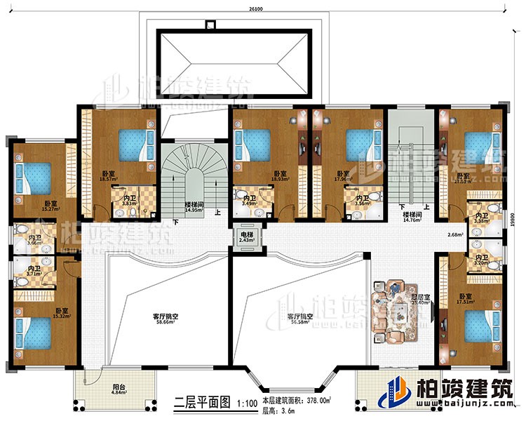 二層：2樓梯間、2客廳挑空、起居室、7臥室、7內(nèi)衛(wèi)、電梯、2陽臺(tái)
