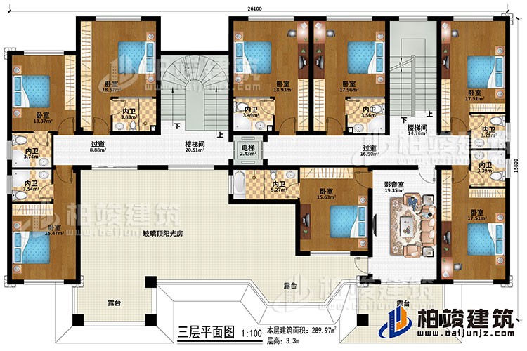 三層：2樓梯間、2過道、影音室、8臥室、2內(nèi)衛(wèi)、3露臺(tái)、玻璃頂陽光房、電梯