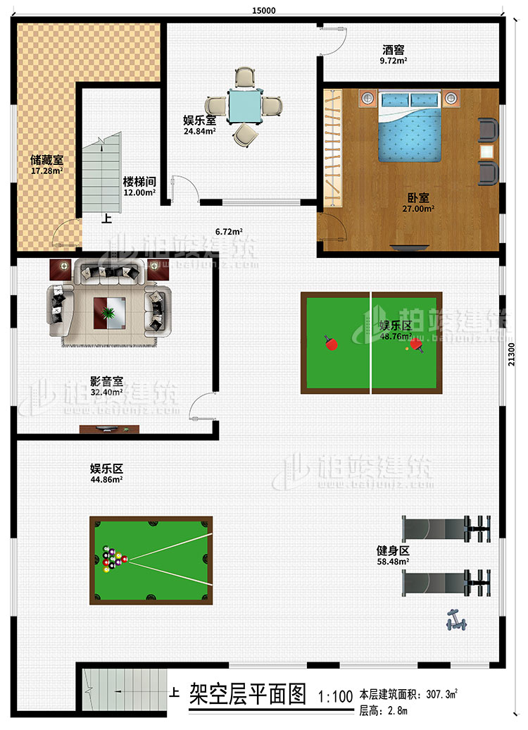 架空層：儲(chǔ)藏室、樓梯間、娛樂室、酒窖、臥室、影音室、2娛樂區(qū)、健身區(qū)