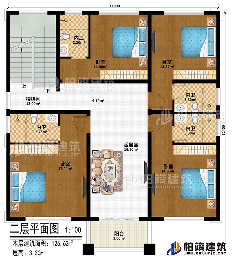 二層：起居室、樓梯間、4臥室、4內(nèi)衛(wèi)、陽(yáng)臺(tái)