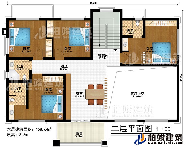 二層：樓梯間、茶室、客廳上空、4臥室、過(guò)道、公衛(wèi)、2內(nèi)衛(wèi)、陽(yáng)臺(tái)