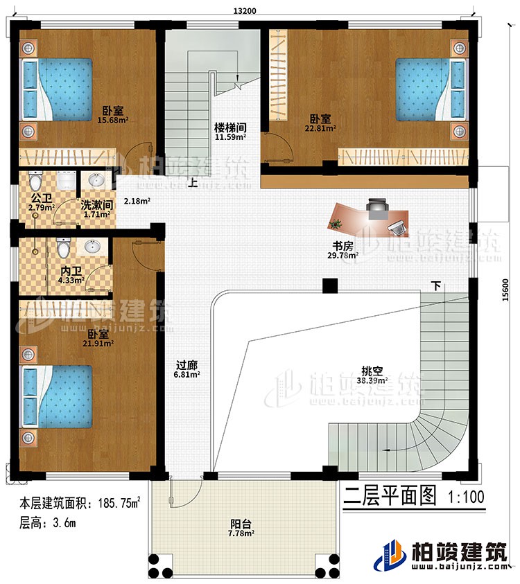 二層：挑空、過道、書房、樓梯間、3臥室、洗漱間、公衛(wèi)、內(nèi)衛(wèi)、陽臺(tái)