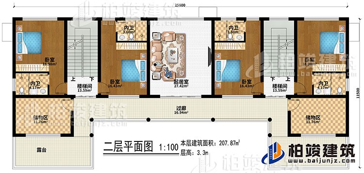 二層：起居室、2樓梯間、4臥室、4內(nèi)衛(wèi)、2儲物間、過廊、2露臺