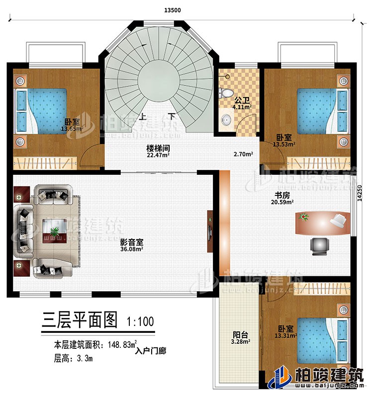 三層：樓梯間、3臥室、書房、影音室、陽臺(tái)、公衛(wèi)