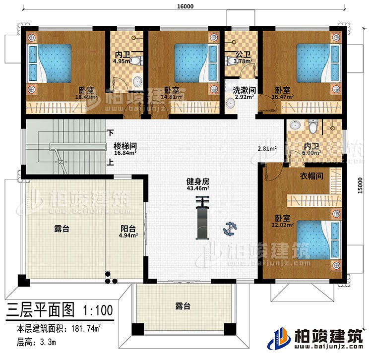 三層：樓梯間、健身房、4臥室、洗漱間、公衛(wèi)、內(nèi)衛(wèi)、陽(yáng)臺(tái)、2露臺(tái)